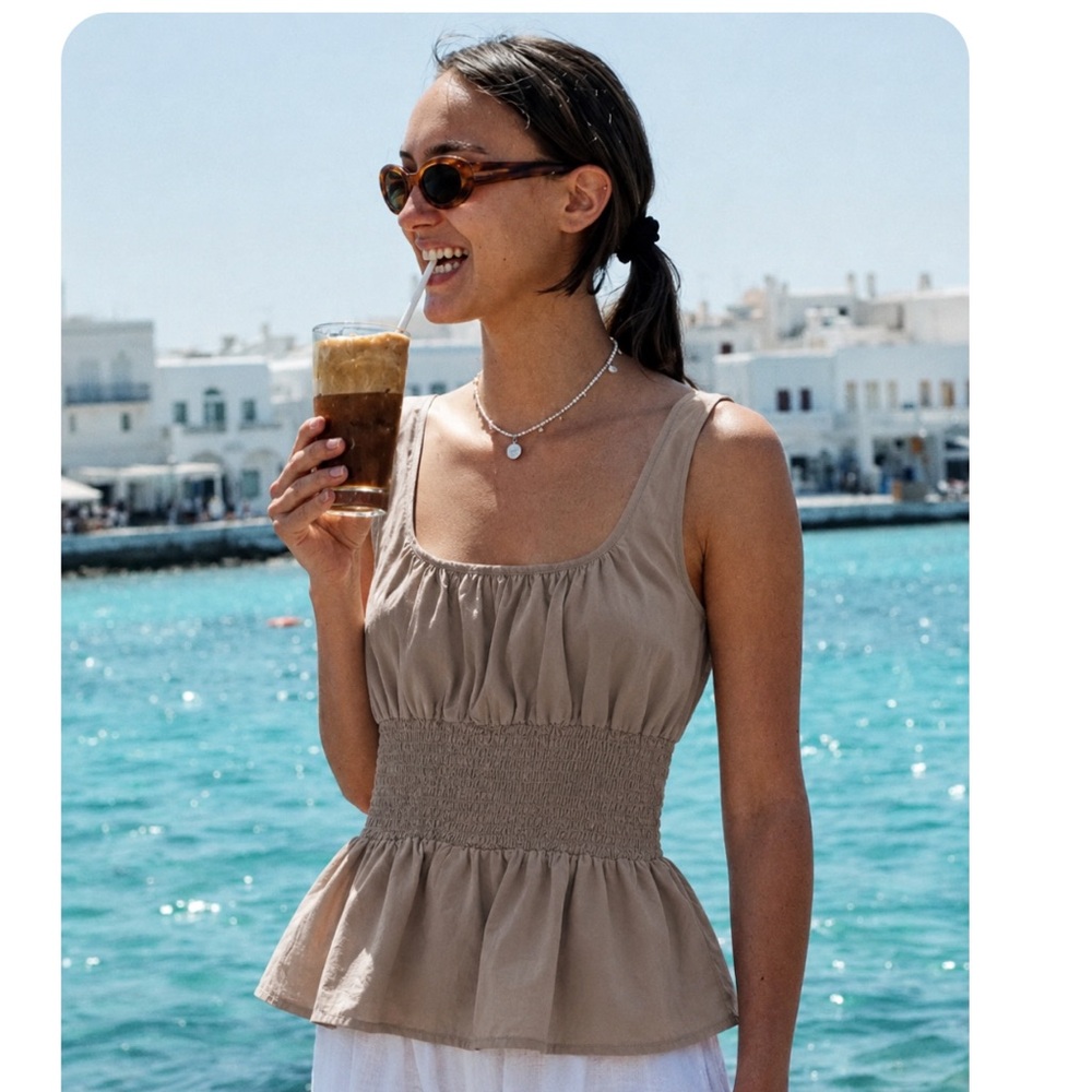 Ciao Lucia Smocked Tan Dress Blouse Top S